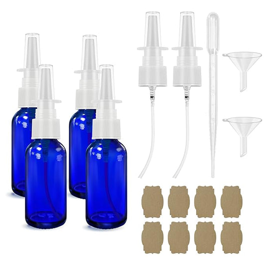 Nasal Spray Bottle Spray Glass Bottles 4Pcs 1oz (30ml) with Press Spray Head Refillable Portable Fine Mist, funnel, dropper,label, empty nose spray glass bottle blue nasal spray bottle