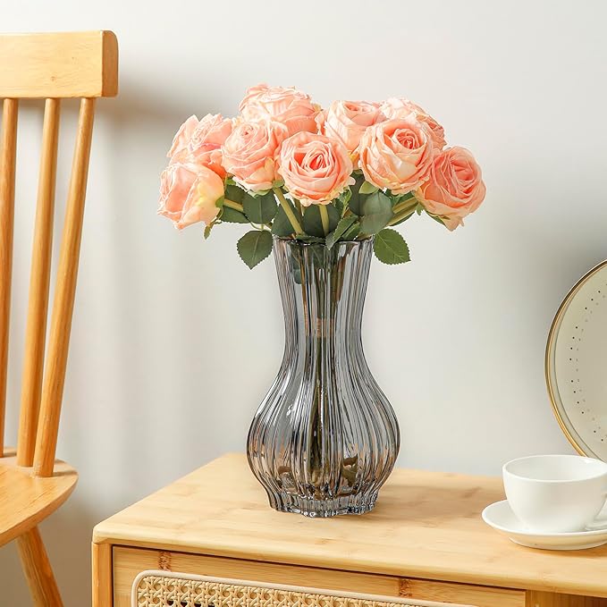 8" Decorative Modern Flower Vase with Twine Rope for Floral Arrangements, Wide Mouth Large Clear Glass Vase for Bouquet(Transparent) (Grey, 01)