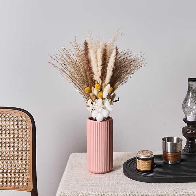 Pink Ceramic Flower Vase for Pampas Grass, 8 inch Small Decorative Centerpiece Ribbed Vase for Dining Table, Office Desktop, Shelf Bookshelf, Mantel, Entryway, Bathroom, Countertop, Farmhouse, Gift