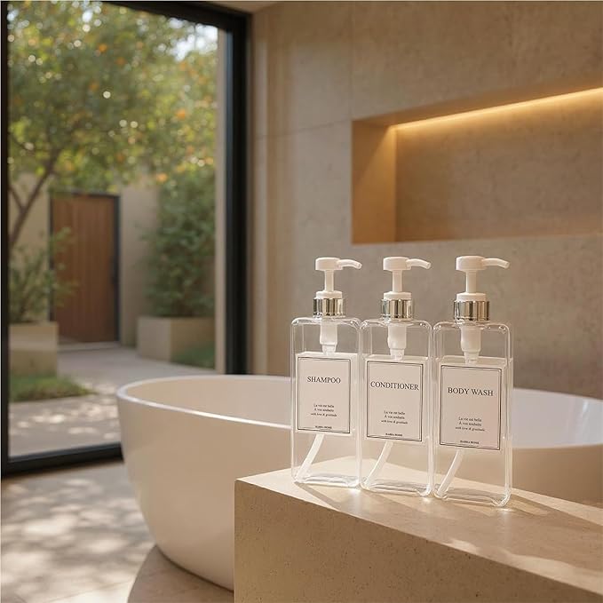 Modern Design 27 oz Shampoo and Conditioner Dispensers - Plastic Refillable Pump Bottle Set for Bathroom Shower Soap Dispenser, Gift Box Included, Set of 3 (Clear & Silver)
