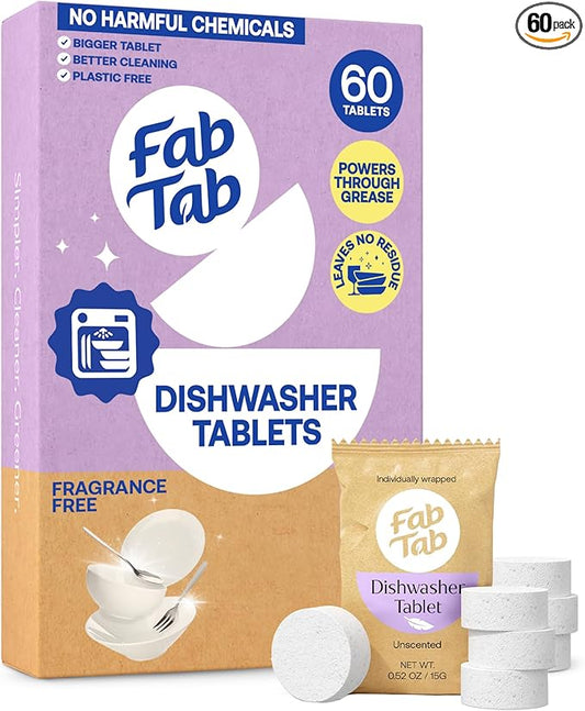 Fab Tab Dishwasher Tablets, Unscented, A Plastic Free Dishwasher Pod Alternative, Powers Through Grease, Leaves No Residue, Safe for The Whole Family, Individually Wrapped