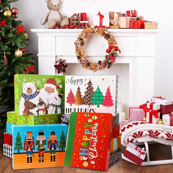 HOIIOH 12 Extra-Large Christmas Gift Boxes with Lids – 4-Inch Deep Robe Boxes with Tissue Paper & Stickers, Decorative Holiday Wrapping Boxes for Clothes, Coats & Sweaters