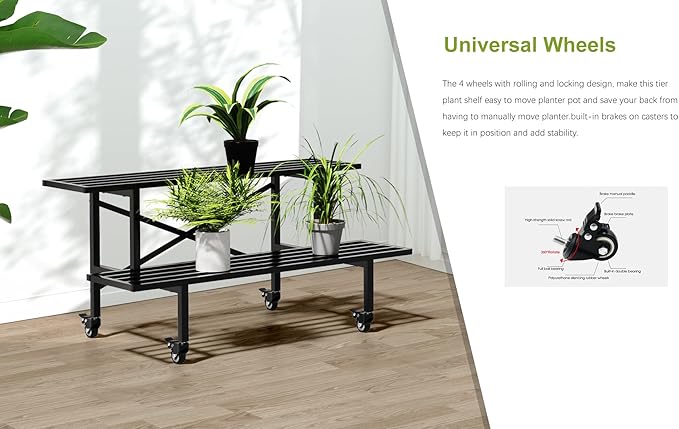 Zhongma 2 Tier Sturdy Metal Plant Stand with Wheels, L35.43 x W17.5 x H16.14 inch, Heavy Duty Plant Holder for Home Indoor and Outdoor,440 LBS Capacity & Heavy Duty Construction