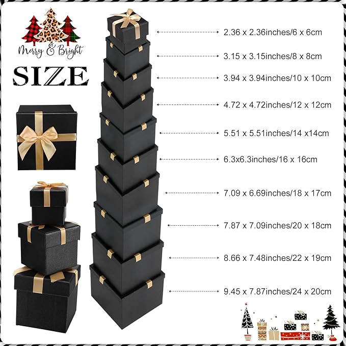 Tenceur 10 Pcs Gift Boxes with Lids Heavy Duty Nested Assorted Sizes Cardboard Gift Boxes for Presents with Ribbon for Xmas Holiday Present(Black, Gold,10 Size)