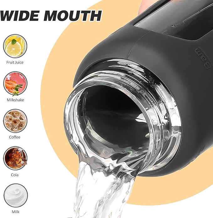 24oz Glass Water Bottle with Straw and 2 Lids-Bamboo and Spout Lid, Borosilicate Glass Water Bottle with Silicone Sleeve and Time Marker,BPA Free & Cupholder Friendly,Black