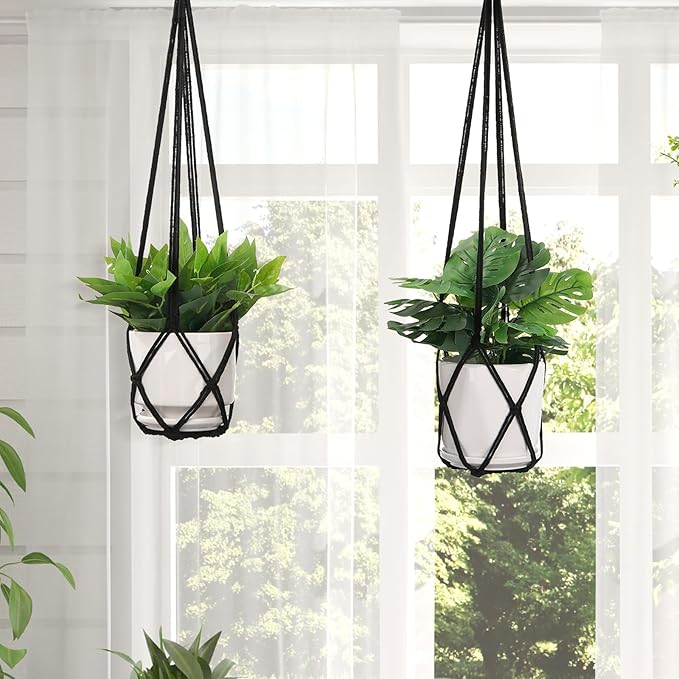 YIBOT Macrame Plant Hanger Indoor Set of 2 with 2 S Hooks, Indoor Outdoor Hanging Planter for Plants Holder with Decorative No Tassels, Boho Home Decor, 35 Inch, Black (Pots Not Included)