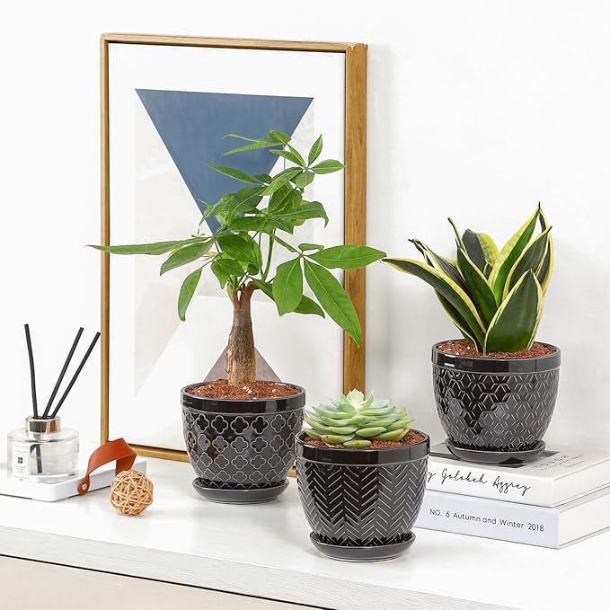 Sureasy Ceramic Indoor Plant Pots - 5.6 Inch Flower Pots for Plants with Drainage Hole and Saucer, Embossed Planter for Succulents, Orchid, Cactus, Indoor Home Decor, Set of 4, Black