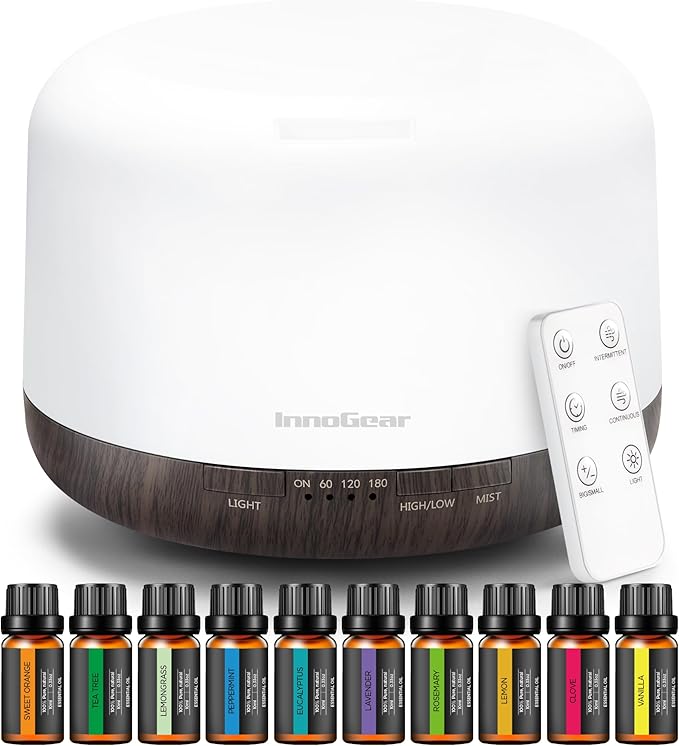 InnoGear Aromatherapy Diffuser & 10 Essential Oils Set, 500ml Essential Oil Diffuser with Remote Control Ultrasonic Cool Mist Scent Humidifier Vaporizer Auto-Off Timer for Room Office Home, Brown