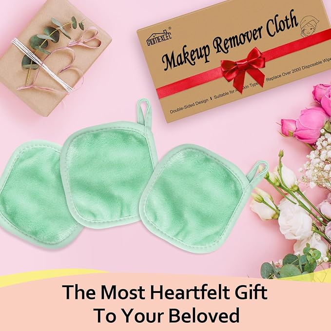 HOMEXCEL Makeup Remover Cloth 12 Count (Pack of 1), Reusable Makeup Remover Pads, Washable Ultra Soft Facial Cleansing Cloths for All Skin Types, 5 X 5 In, Green