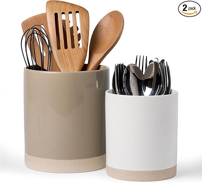 famiware Milkyway Kitchen Utensil Holder for Countertop, Ceramic Cooking Utensil Crocks for Kitchen Counter, Utensil Organizer for Spatula & Spoon, Set of 2, Cinnamon Brown and White