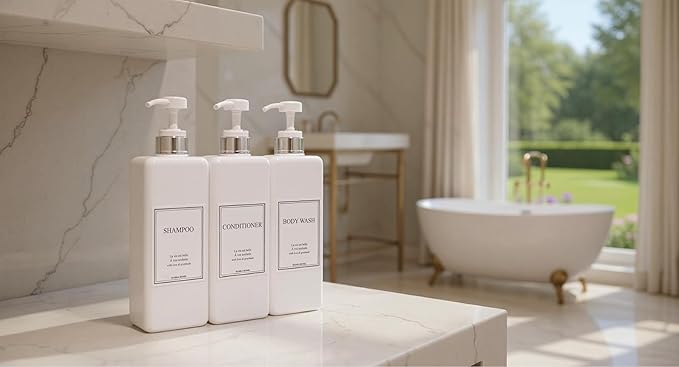 Modern Design Large 27 oz Shampoo and Conditioner Dispensers - Empty Plastic Refillable Pump Bottle Set for Bathroom Shower Soap Dispenser, Gift Box Included, Set of 3, (White & Silver)