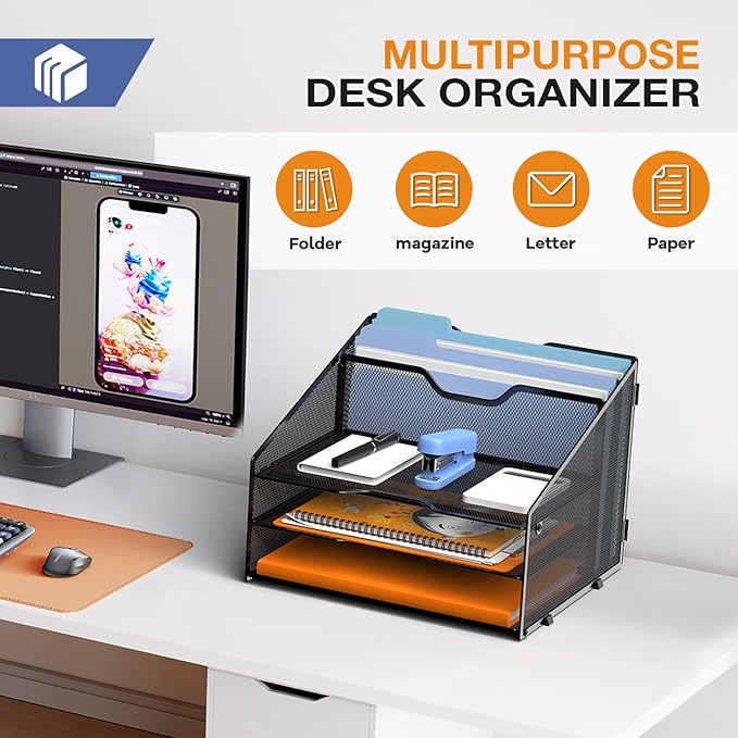 Letter Tray Organizer, Mesh Desk File Organizer with 3 Paper Trays and 2 Vertical Upright Section, Blank