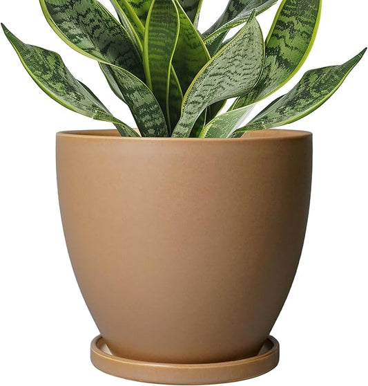 6.8 Inch Planter - Ceraimc Pots for Indoor Outdoor Plants Round Planters Modern Flower Pot with Drainage and Tray Home Garden Decor Brown