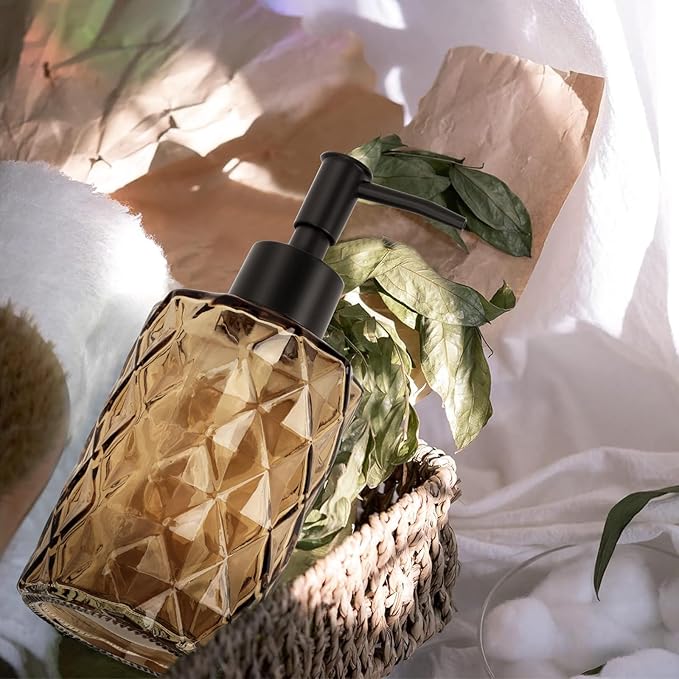 Dark Brown Glass Soap Dispenser with Pump, 12oz Diamond Design Hand Soap Dispenser, Refillable Lotion Dispenser & Dish Dispenser, Bathroom Dispenser for Dishwashing Liquid, Shower Gel