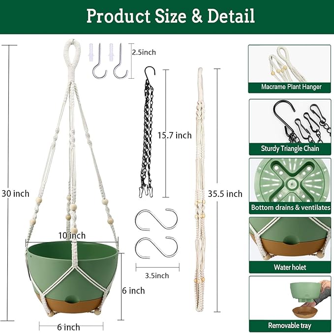 Hanging Planter Self Watering 10 Inch, 2 Pack Indoor Outdoor Hanging Baskets, Hanging Flower Pots with Drainage Hole & 2 Kinds of Plant Hangers for Garden Home Decor(Green)…