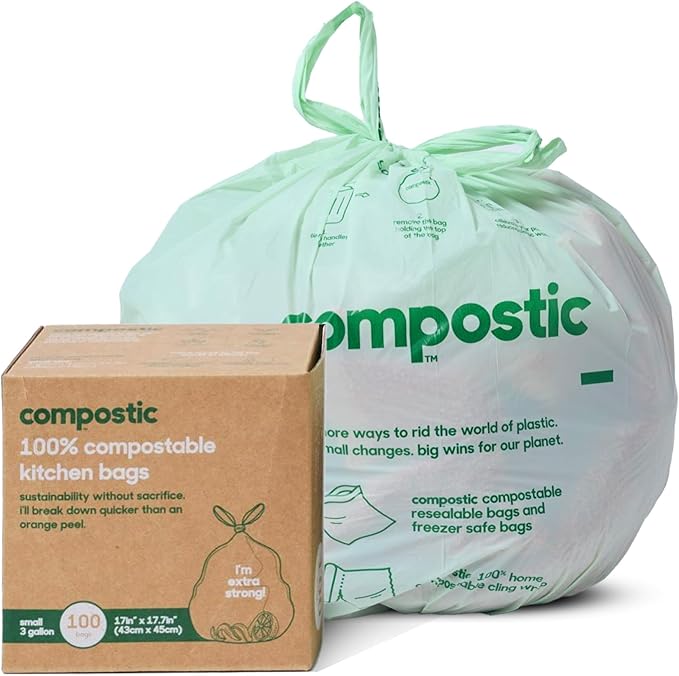 Compostic Home Compostable Trash Bags, 3 Gallon Small Kitchen Rubbish Bags (17” x 17.7”), Extra Strong & Quickly Breaks Down, 100 Count