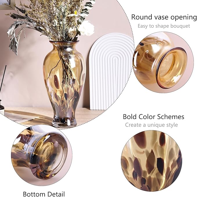 Hand Blown Glass Vase 11.8" Tall Beautiful Amber Gold Sea Wide Mouth Bud Vase for Table Centerpiece, Painted Colorful Murano Glass Flower Vases for - Home Entrance Wedding Center