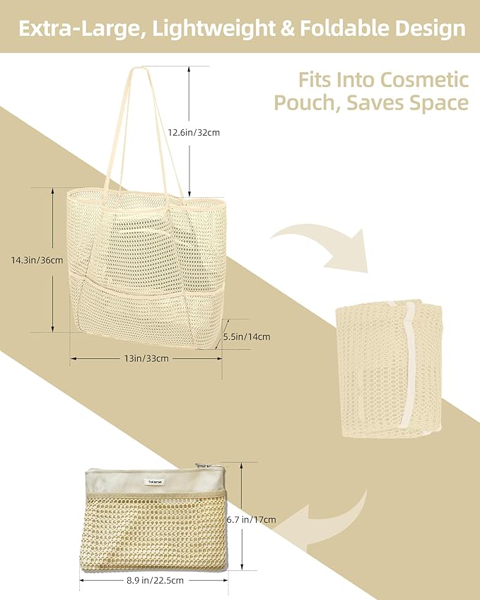 Mesh Beach Tote Bag Packable,2025 New 2-in-1 Large Lightweight Foldable Beach Bags with Multiple Pockets for Women