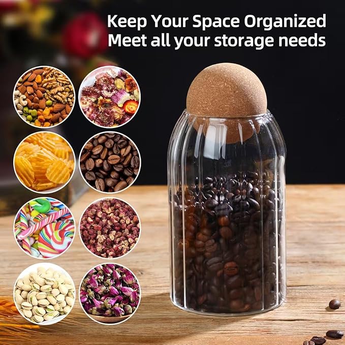 Glass Storage Jar with Ball Cork Lid, Clear Glass Canisters with Cork Ball, 3Pcs High Borosilicate Glass Sealed Jar 16oz 26oz 36oz , Used for Storing Candies, Salt, Tea, Seasonings, Cookies, etc