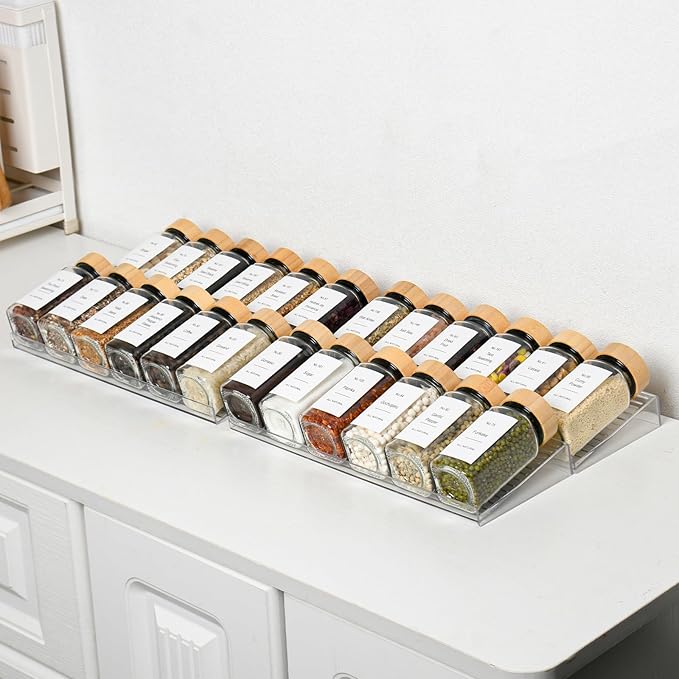 24 Pcs Glass Spice Jars Bamboo Lids with Spice Drawer Organizer Set, 4 Tier-8 Pack Acrylic Expandable Spice Rack , 396 Spice Labels, Seasoning Containers Organization for Kitchen Cabinet Countertop