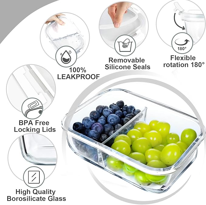 VERONES 10 Pack Glass Meal Prep Containers 2 Compartment Set, 30 OZ Airtight Glass Lunch Containers, Food Storage Containers with Lids, for Microwave, Oven, Freezer & Dishwasher Friendly，White