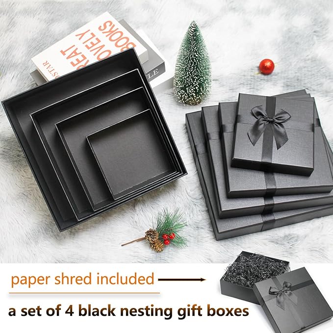 Black Gift Boxes with Lids, Set of 4 Nesting Presents Boxes for Gifts, Luxury Gift Wrap Boxes for Weddings, Birthdays, Anniversaris and All Gift Giving Occasions