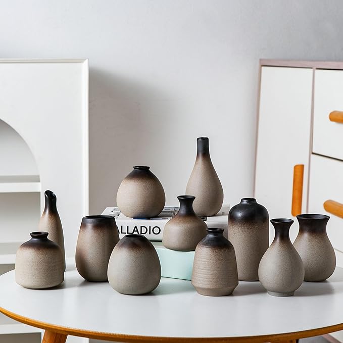 Rustic Ceramic Bud Vase Set of 11, Small Vases for Pampas Grass, Flowers, Modern Farmhouse for Home Decor, Vintage Decor, for Living Room, Dining Table & Shelves