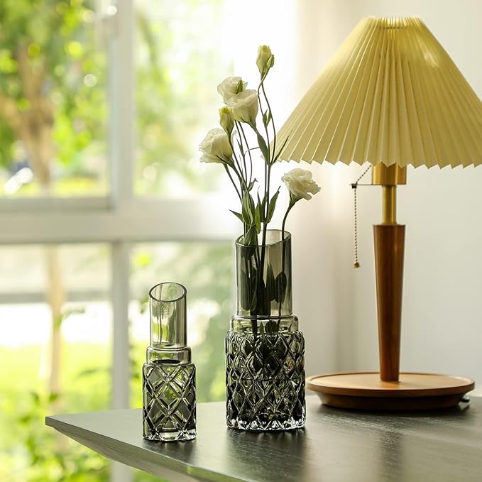 G Hand Blown Grey Glass Vases Set 3 Peiece for Large Medium Small for Modern Home Decor, Decorative Vase, Bedroom, Office, Living Room, Bathroom,Shelf Decor, Centerpiece Table Decorations