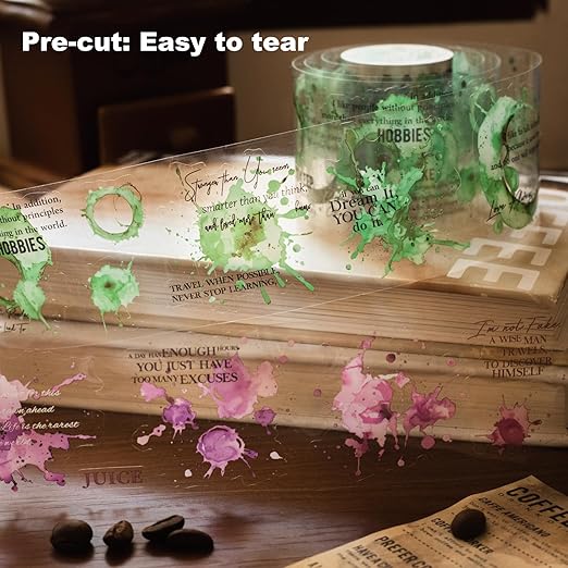 Memories of Coffee PET Tape Set, 6 Rolls Vintage Coffee Stain Stickers with Clip for Scrapbooking, Journaling, DIY and Crafts Supplies