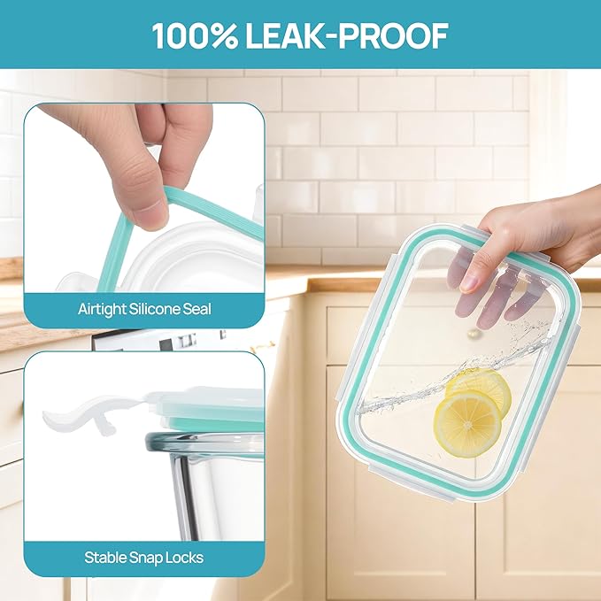 Vtopmart 2Pack 1500ml/50.7oz Large Glass Storage Containers with Lids, Meal Prep Food Container Set with Snap Airtight Lid for Baking, Microwave, Oven, Leak Proof, for Freezer, Dishwasher, Green