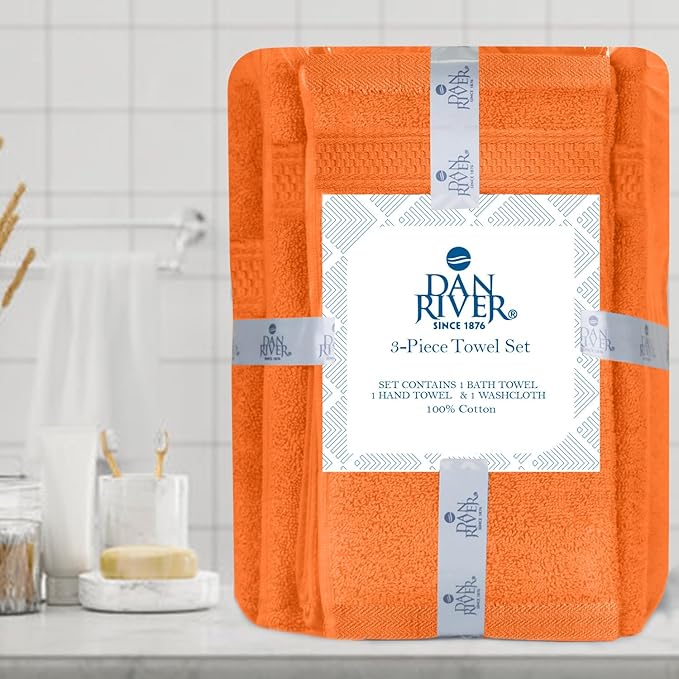 DAN RIVER 100% Ring Spun Cotton 3-Piece Towel Set, Orange, Bath Towel, Hand Towel and Washcloths, 550 GSM - Soft, Absorbent Quick Dry Cotton Towels for Bathroom, Spa, and Gym