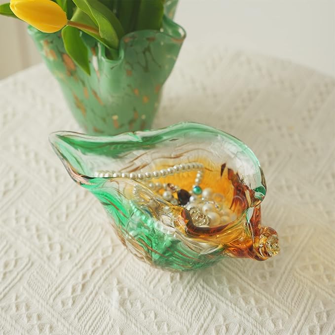 9inch Blown Glass Shell Vase,Handmade Seashell Potpourri Holder Art Glass Conch Seashell Figurine Collectibles Unique Conch Bowl for Home Decor Gift,Colorful