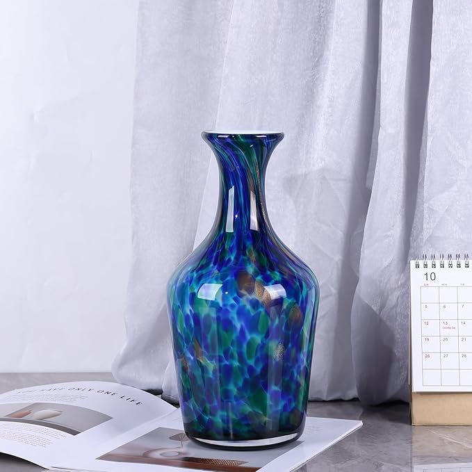 12.2" Tall Hand Blown Glass Vase – Pretty Teal Decorative Flower Vase, Modern Vintage Fusion Home Decor, Colorful Murano Glass Vases for Table Centerpieces, Living Room, Bathroom, Entry Table