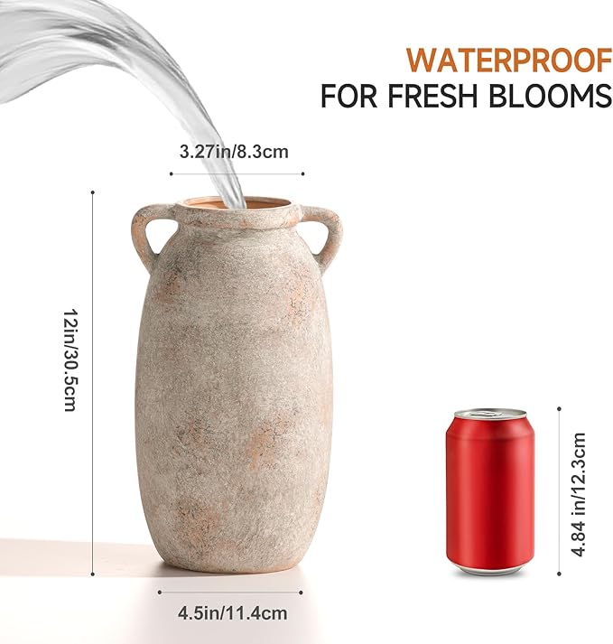 Ceramic Flower Vase 12 inch Farmhouse Rustic Vase Decorative Pottery Terracotta Tall Vases for Home Decor Table Mantle Fireplace Living Room Bathroom Wedding Centerpiece (Large-Terracota)