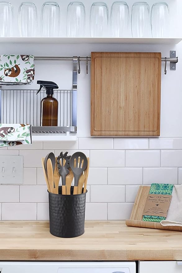 Monarch Abode Hand Hammered Kitchen Utensil Holder for Kitchen Counter, Spatula, Ladle, and Large or Small Spoon Holder, Decorative Cooking Utensil Crock Organizer for Countertop, Matte Black