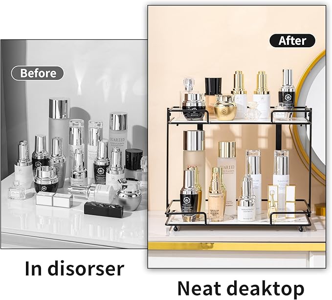 2 Tier Bathroom Cabinet Countertop Organizer Perfume Lipstick Makeup Organizer Cosmetics Storage Display Rack Vanity Tray Metal Dresser Storage Shelf White Marble Ceramic Tray Black