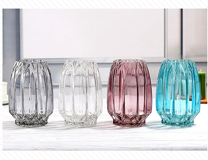 Modern Ribbed Blue Glass Vase for Flowers, Candles, and Decorative Accents - Tall/Short for Centerpieces and Table Decor (H8.0inch)