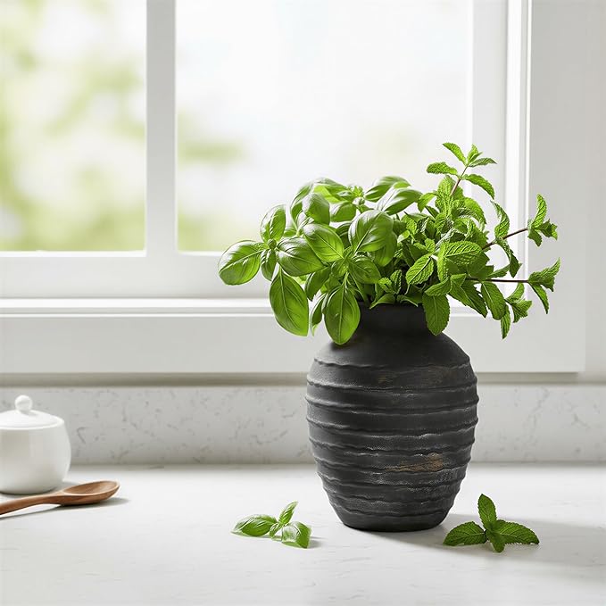 6.6-Inch Black Ceramic Flower Vase, Rustic Farmhouse Boho Pottery Decor for Table, Living Room & Shelf