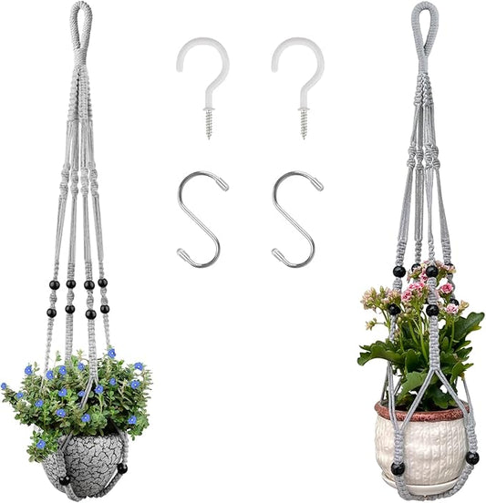 Macrame Plant Hanger for 5 to 10 Inch Plant Pots, Set of 2 Indoor Handmade 35 Inch Woven Rope Hanger Kits with Hooks and Wood Beads, Hanging Planter Basket Holder for Boho Home Decor (Grey, 2 Pack)
