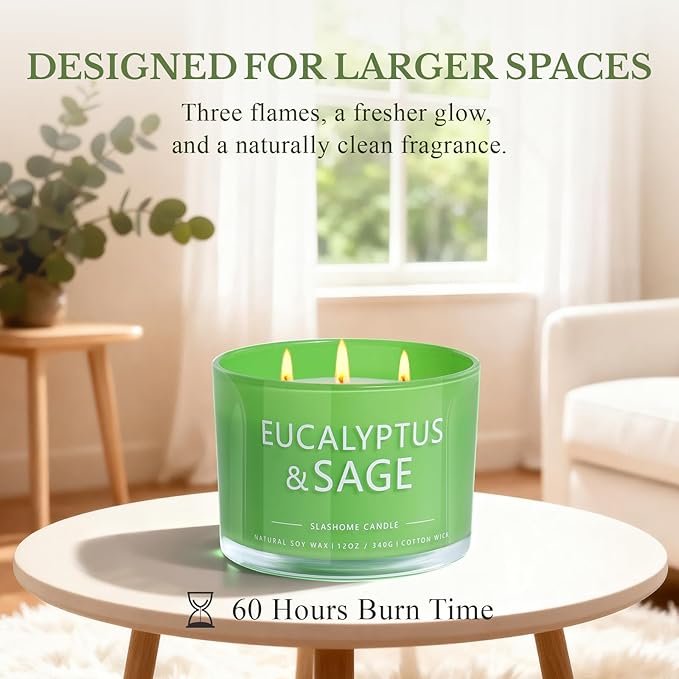 Sage & Eucalyptus Candle, Large 3 Wick 12oz Soy Candle for Home Scented, Luxury Elegant Jar Candle Gift for Women & Men, Long-Lasting Non-Toxic Burn 60+ Hours, Home Decor