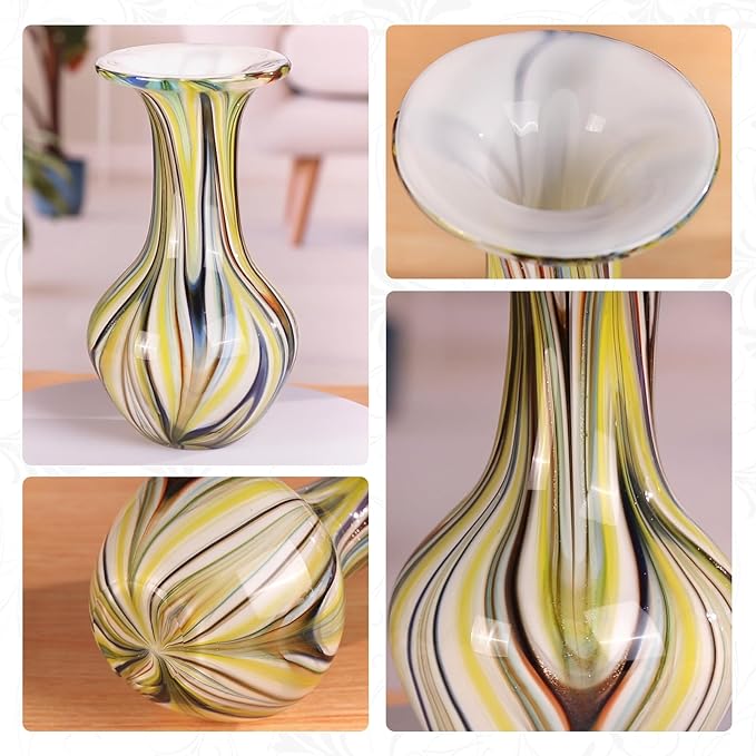 KAMMAK Colored Glass Vase, Beautiful Hand Blown Decorative Vase, Modern Art Vase for Flower Mantle Dining Table Centerpiece, Entryway Living Room Wedding Decoration, FH015
