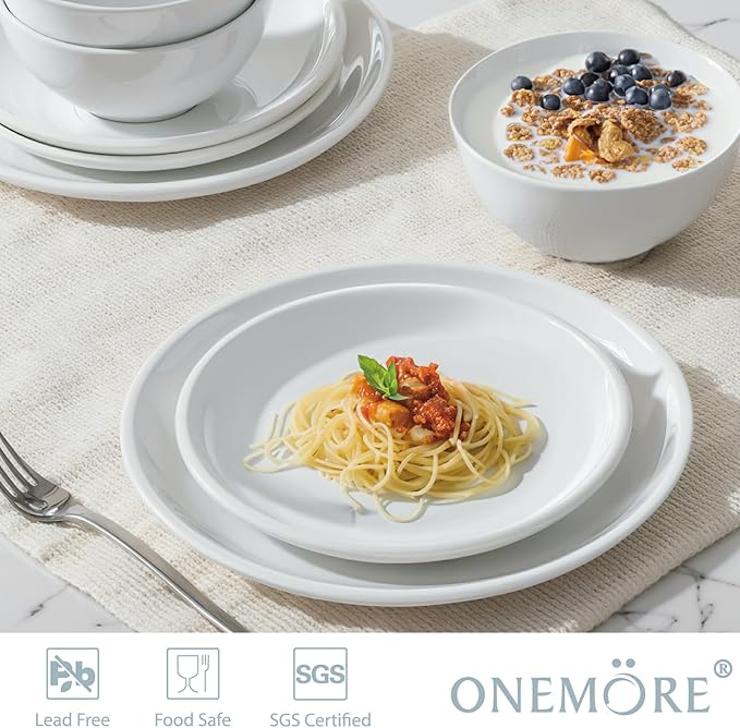 ONEMORE Plates and Bowls Set for 4 - Microwave & Dishwasher Safe Porcelain Dinnerware Set Service for 4 - Ceramic Dishes Set(12 Pcs) - White