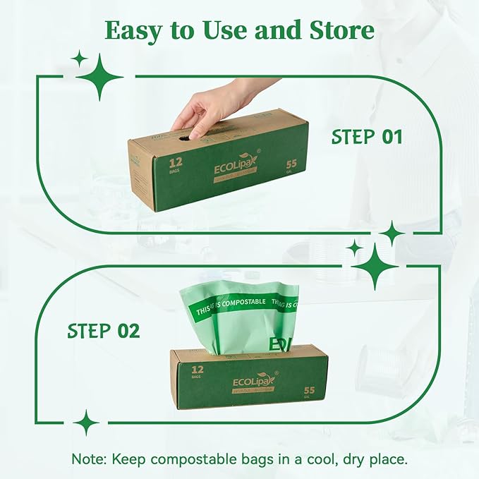 ECOLipak 55 Gallon Compostable Trash Garbage Bags, 12 Count (1 Roll) Biodegradable Heavy Duty Large Outdoor Trash Bags for Lawn/Yard, US BPI ASTM D6400 and OK Compost Home Certified
