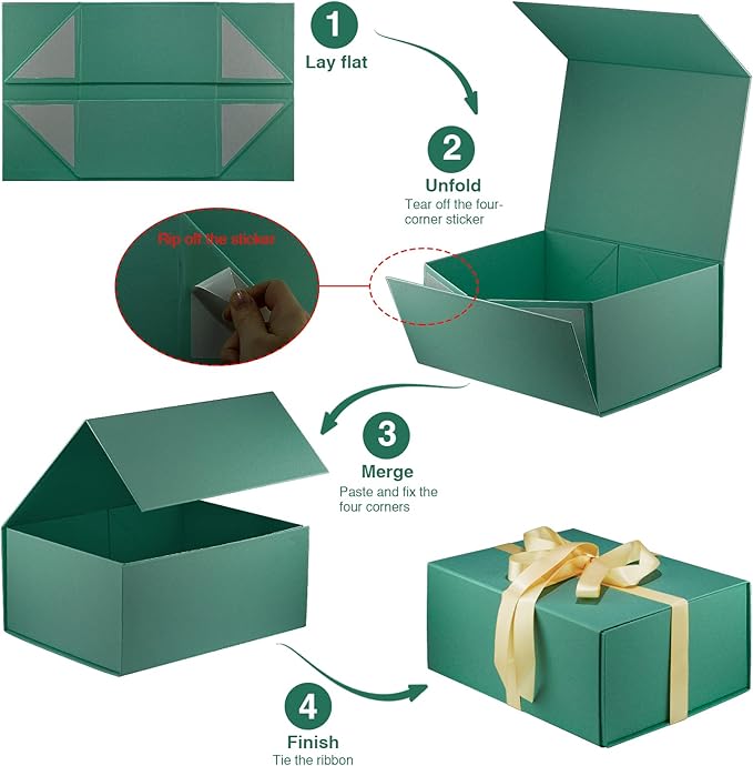 MOYEUPAC Green Gift Box,9" X 7" X 4" with Lids for Presents Magnetic Closure Gift Packagingfor Birthday, Christmas-Green with Ribbon
