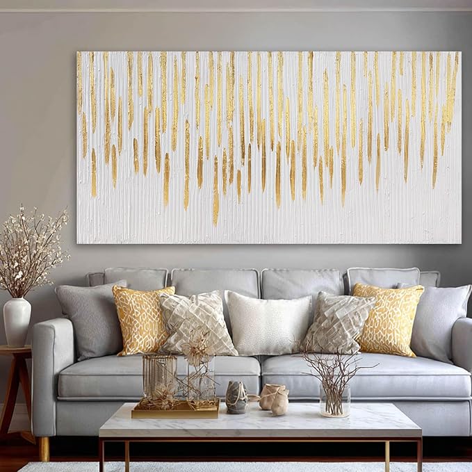 YJYart Gold Wall Decor Abstract Wall Art for Living Room White Canvas Pictures Artwork for Gallery Hotel 24"x48"