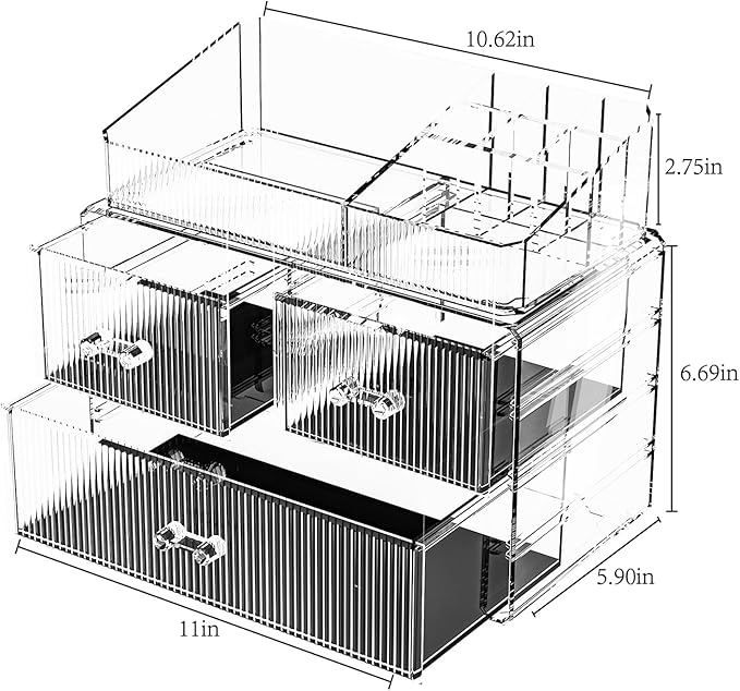 ZHIAI Stackable Cosmetic Organizer, Acrylic Cosmetic Organizer for Dresser, Vanity, Kitchen Cabinet, Bathroom, Under Sink, Home Organization and Storage (1 Top 3 Drawers)