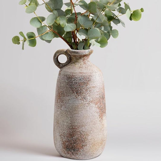 Sunddo 10 Inch Rustic Terracotta Ceramic Vase, Farmhouse Vintage Flower Vase with Handle, Centerpiece Table Decorations, Living Room Kitchen Bedroom Desk Shelf Decor Gift