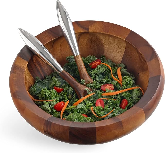 Nambé Yaro Salad Bowl Set – 14" Acacia Wood Bowl with Alloy-Accent Servers, Smooth Sculpted Design & 4 QT Capacity – Elegant Tableware for Serving Salads, Meals & Entertaining Guests