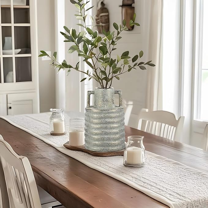 Hollyone Large Vintage Ceramic Vase with 2 Handles, 9.1" Tall Gold-Toned Antique Rustic Decorative Floral Grey Vases for Flowers Home Table Centerpiece Shelf Living Room Entryway Farmhouse Decor