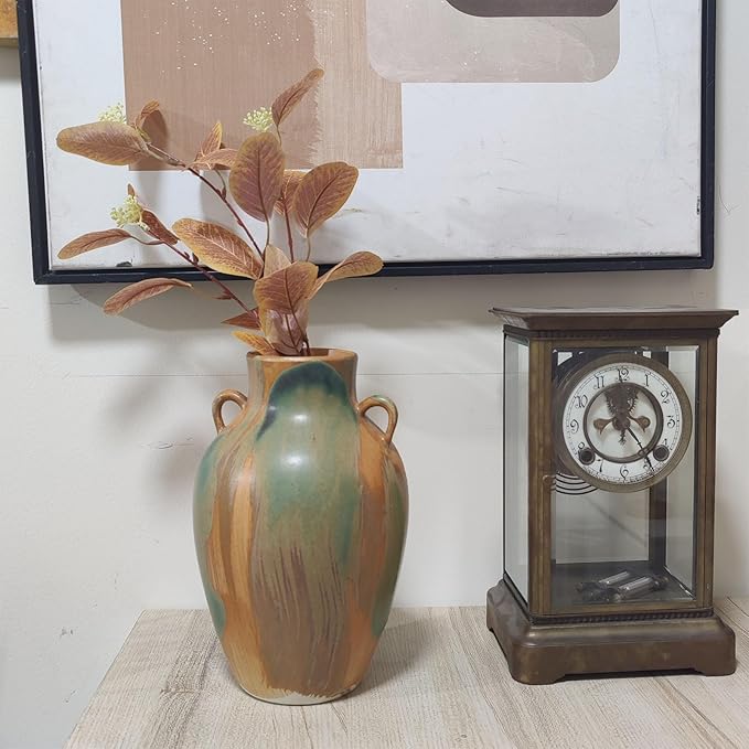 Terracotta Pottery - 10" Unique Decorative Farmhouse Vase with Handle, Green Glazed Earth Yellow Boho Neutral vase Home Decor, Vintage Ceramic Flower vases for Living Room, Kitchen Decor